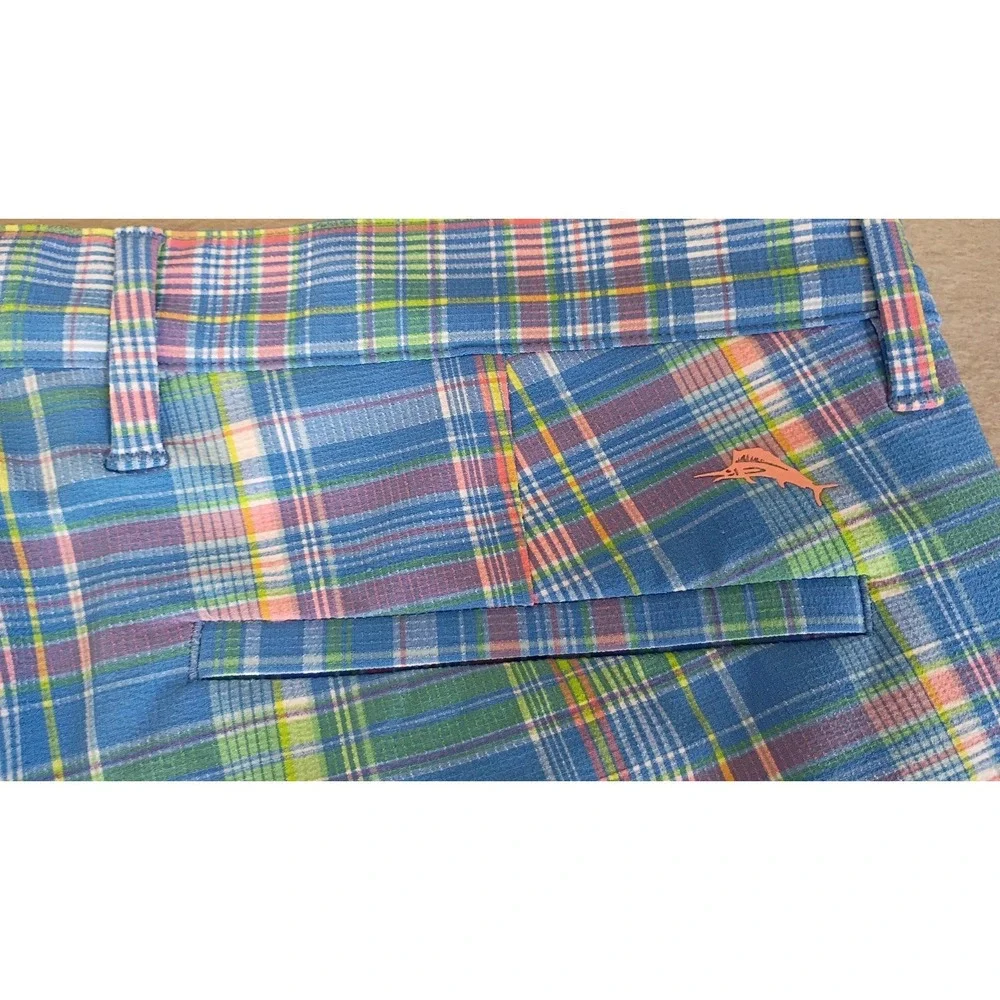 Tommy Bahama Blue Pink Plaid Casual Flat Front Mens Shorts Sz 35, Golf Vacation